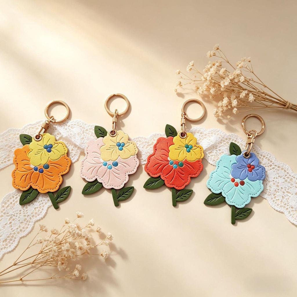 Peach Blossom Leather Keychain: Access Card Holder, Locator Cover, Gift Pendant