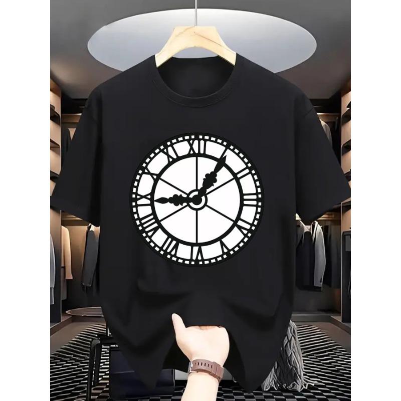 European Size 1pc Men'S Casual Crew Neck T-Shirt with Clock Print, Cotton Knit Fabric, Slight Stretch,Regular Fit for Summer-Fashionable Short Sleeve
