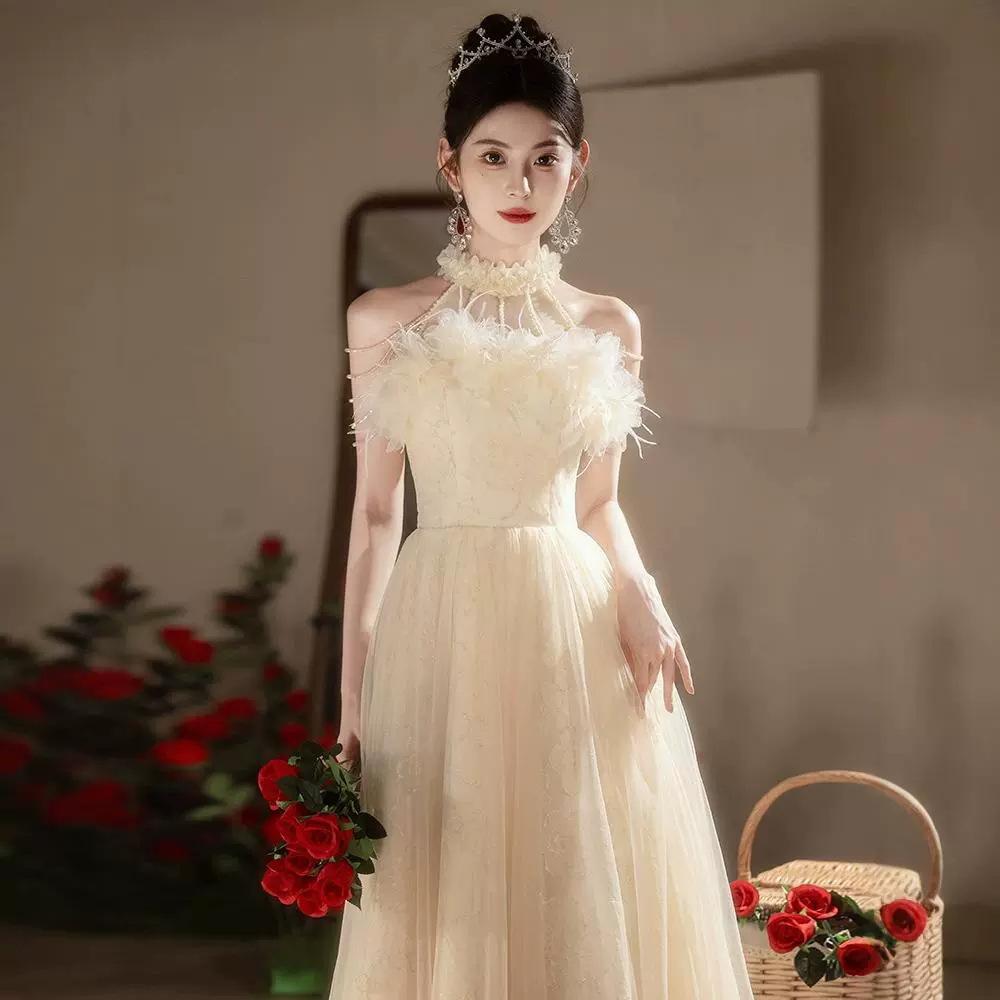 Champagne evening dress skirt banquet 1011 new temperament long host light luxury engagement Mori fairy dress