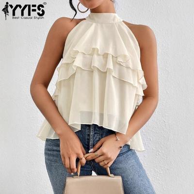 Women's Fashion Casual Solid Color Print Summer Spring Sleeveless Hanging Neck Blouses & Shirts
