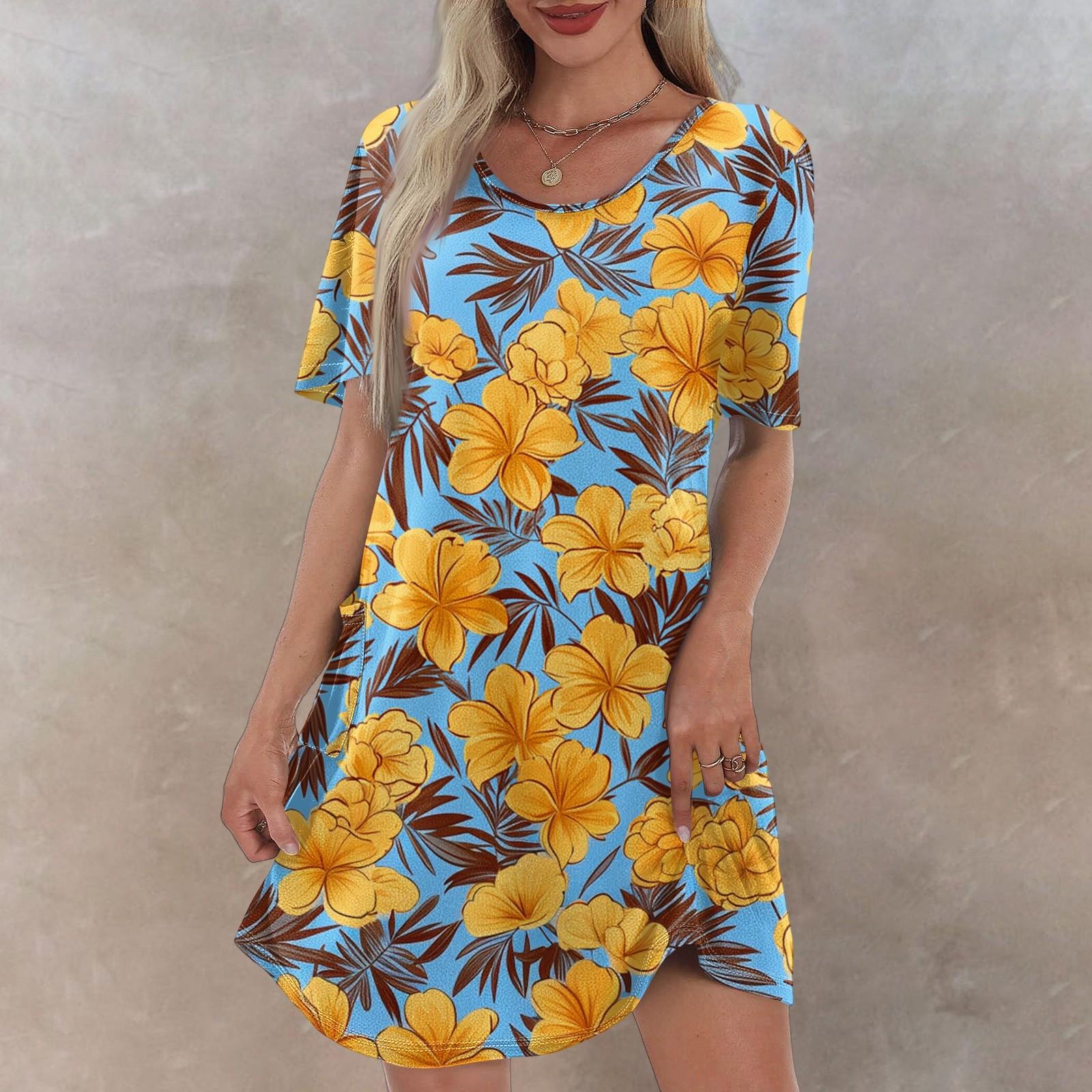 

Women s Casual Fashion V-Neck Short Sleeve Hawaiian Print Pocket Dress XL шафрановий