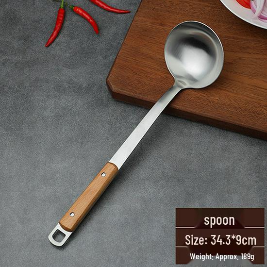 Stainless Steel Kitchen Utensil Set: Spatula, Frying Shovel, Soup Ladle & Slotted Spoon with Anti-Scald Wooden Handles.