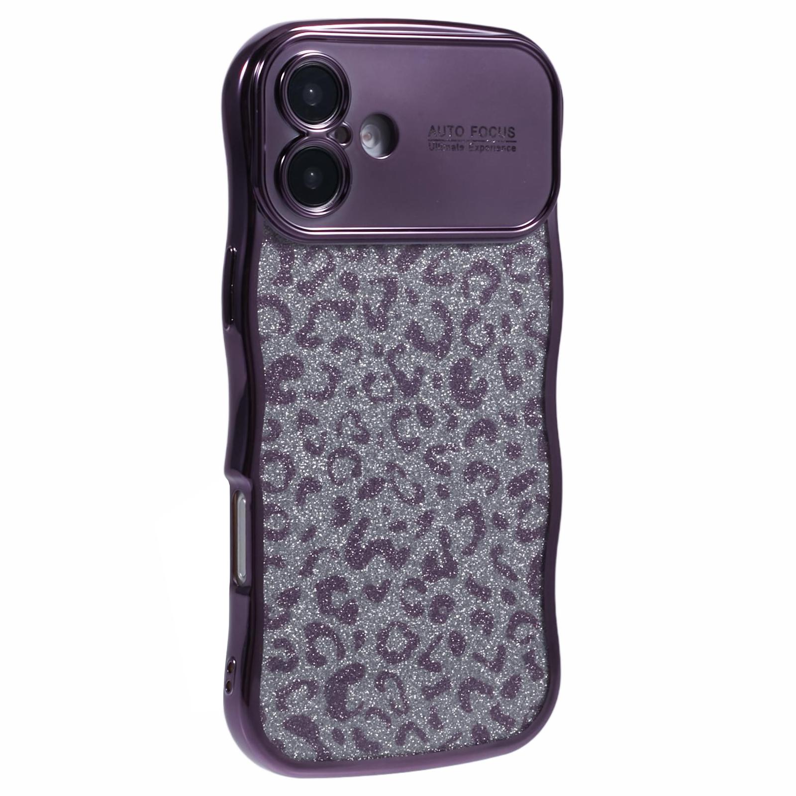 

For iPhone 16 Case Curly Frame TPU Phone Cover Leopard Print Glitter Dark Purple