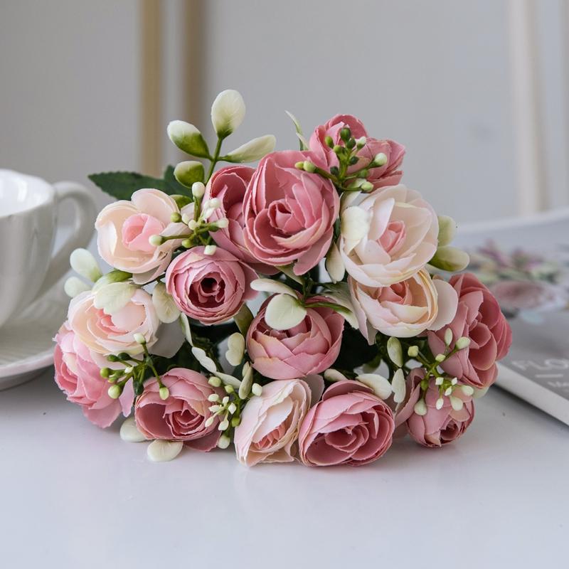 15 Heads Silk Roses Small Tea Bud Artificial Flowers Wedding Festival Room Decor Home Ornamental Flowerpot Photography Props Diy