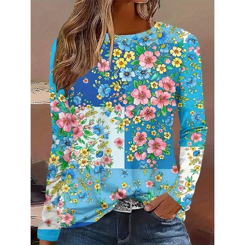 Round Neck 3D Flower Pattern Top Casual Long Sleeved Women's T-shirts - Soft Medium Stretch Polyester Fabric Spring and Autumn Relaxed Fit Clothing