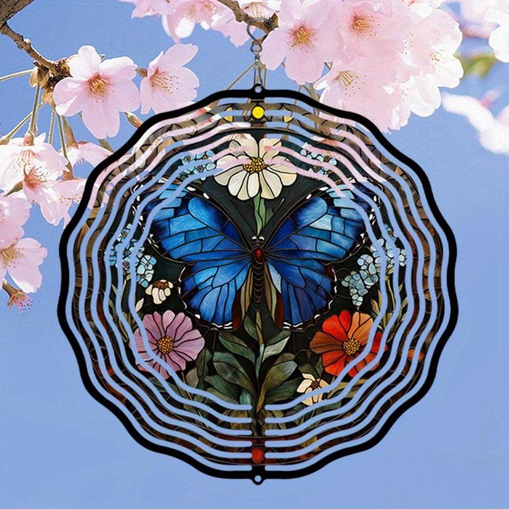 Blauer Schmetterling Floral Metall Windspiel Außengartendekor Rotierend Windbetrieben Kein Strom Naturfreunde Geschenk Terrasse Hof Dekoration