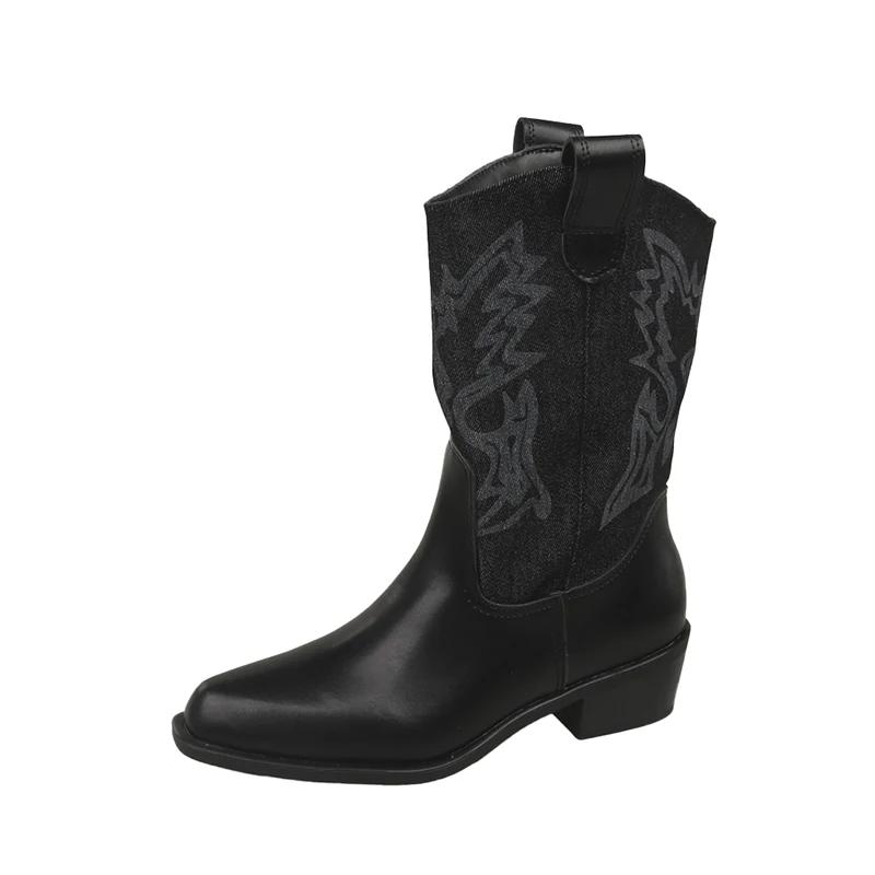 

Retro Pointed Toe Fashion Large Size PU Western Cowboy Boots Shoes for Women 2025 New Zip High Quality Mid Length Women s Boots 42