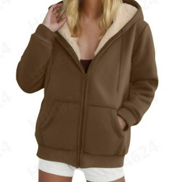 Women's Lambswool Coat Heavyweight Plus Velvet Thick Hoodie Cardigan