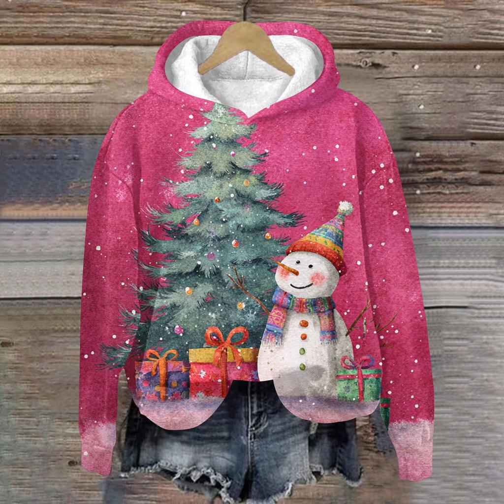 Women's Fashion Long Sleeve Christmas Print Loose Hooded Sweatshirt Top