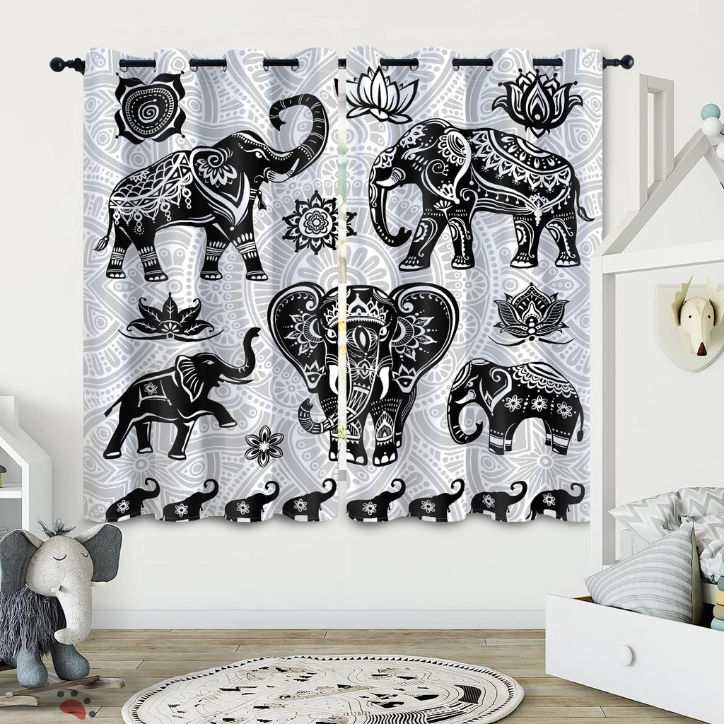 2 Stück Vorhänge im böhmischen Stil mit Tier-Elefantenmusterdruck, zur Dekoration von Schlafzimmern und Wohnzimmern