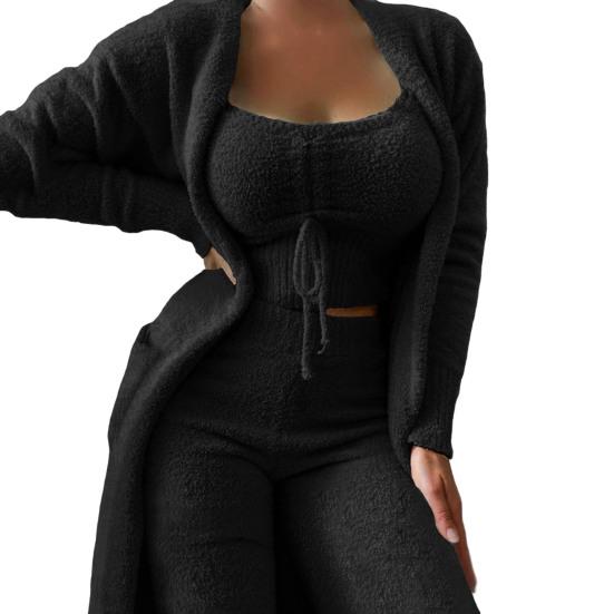 3 szt./zestaw, Damski zestaw piżam, Jednolity kolor, Pluszowe krótkie topy, Niski dekolt, Odzież domowa, Utrzymuje ciepło, Kieszenie, Okrągły dekolt, Długie topy-płaszcze, Garnitur spodni