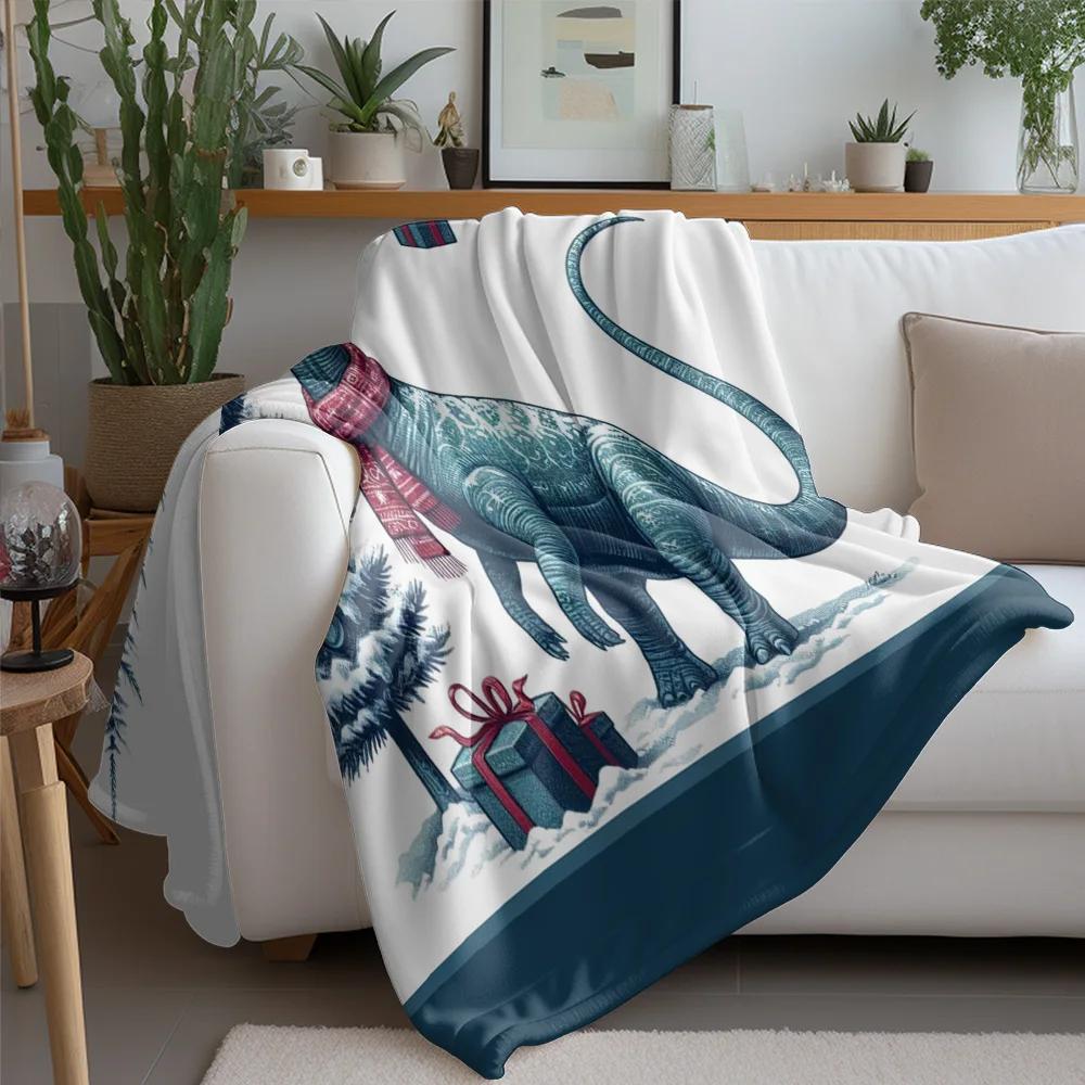 Christmas Dinosaur Fleece Blanket, Blue Long Neck Dino In Santa Hat with Gifts, Fun Festive Throw for Kids and Pet Lovers