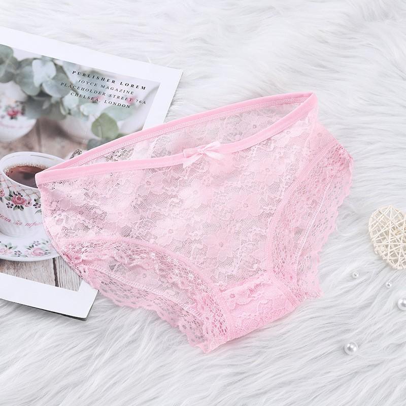 Girls' Sexy Lace Briefs Breathable Underwear with Butterfly Knot Carved Mid Air Waist Knickers Solid Color Women's Triangle Panties