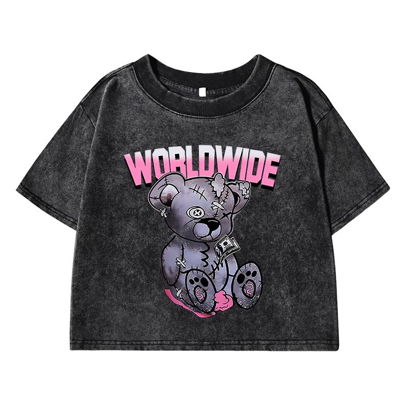 

Всемирная Милый Медведь Мультяшный Принт Женская Короткая Футболка для Стирки Открывающая Живот Футболка Топы Винтажная Потертость O-Образный Вырез Одежда M