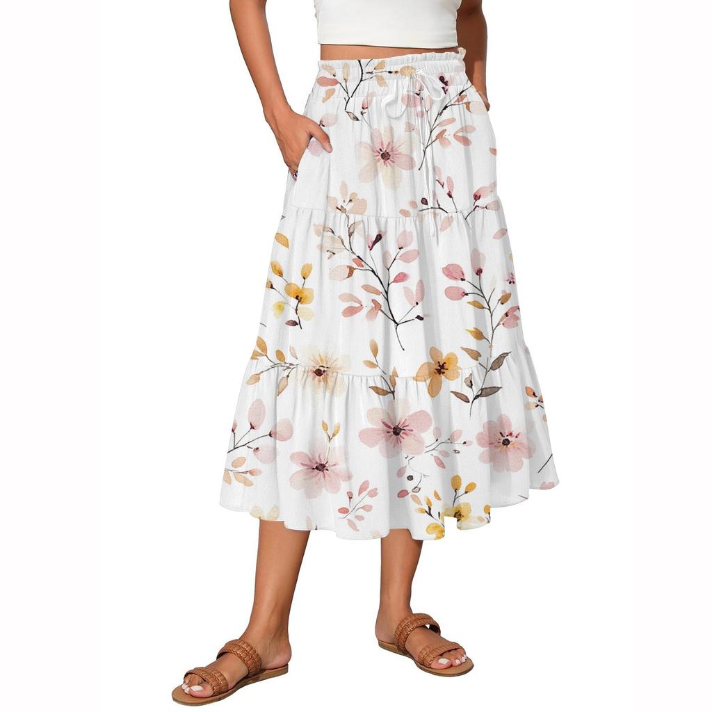 Damen Maxiröcke, fließend, ausgestellt, mit Rüschensaum, A-Linie, elastische Taille, elegant, gestuft, Boho, lange Röcke