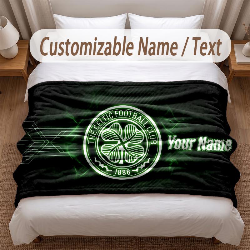 Celtic FC Printed Flannel Blanket Custom Name Text Soft Warm Throw For Bedroom Holiday Gift
