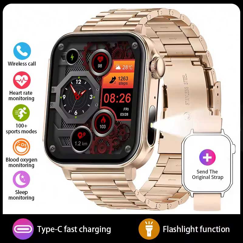 LUCKY START Type-C Fast Charging Smart Watch Men Women Health Manager Bluetooth Call LED Flashlight Waterproof Sport Fitness Smartwatch