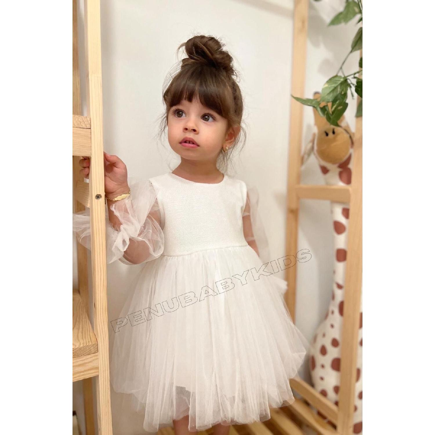 

White Long Tulle Sleeve Detailed Tutu Dress For Baby Girl 1-2 Yaş білий