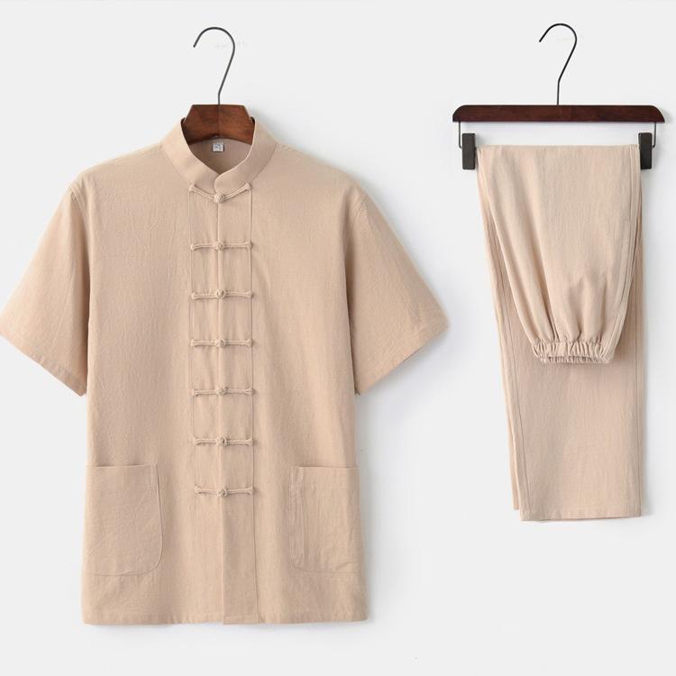 

Летний тонкий костюм Тан Мужской костюм с короткими рукавами Мужской костюм для людей среднего и пожилого возраста Костюм для тайцзи Костюм для дзен Чайный костюм Костюм мирянина Костюм с короткими рукавами 4XL бежевый