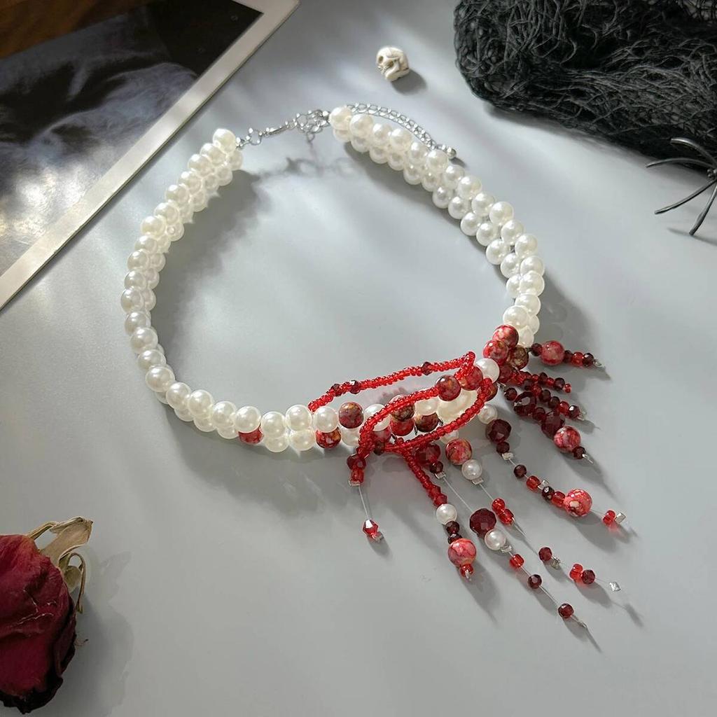 Salircon Gothic Red Crystal Blood Drop Pendant Choker Necklace Women Vintage Imitation Pearl Short Chain Halloween Jewelry Gift