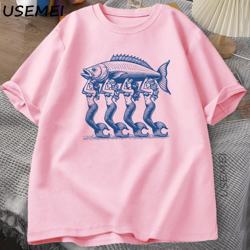 Mermaid Fish TShirt Trendy Beach T Shirt Summer Vacation Tshirt Shortsleeve Printed Cotton Graphic Tees Womens Top Clothes