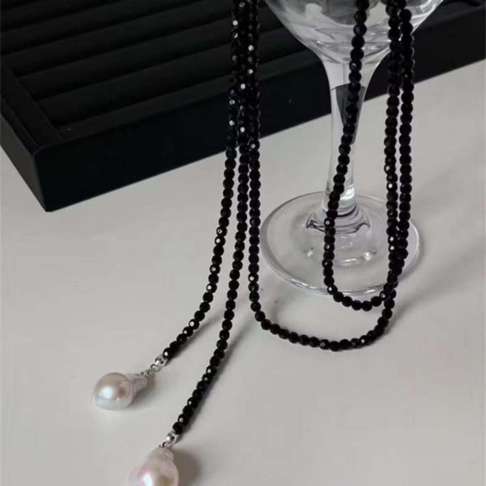 Sequins Rhinestone Neck Chain Black Green Long Necklace Vintage Imitation Pearl Pendant  Women Girl