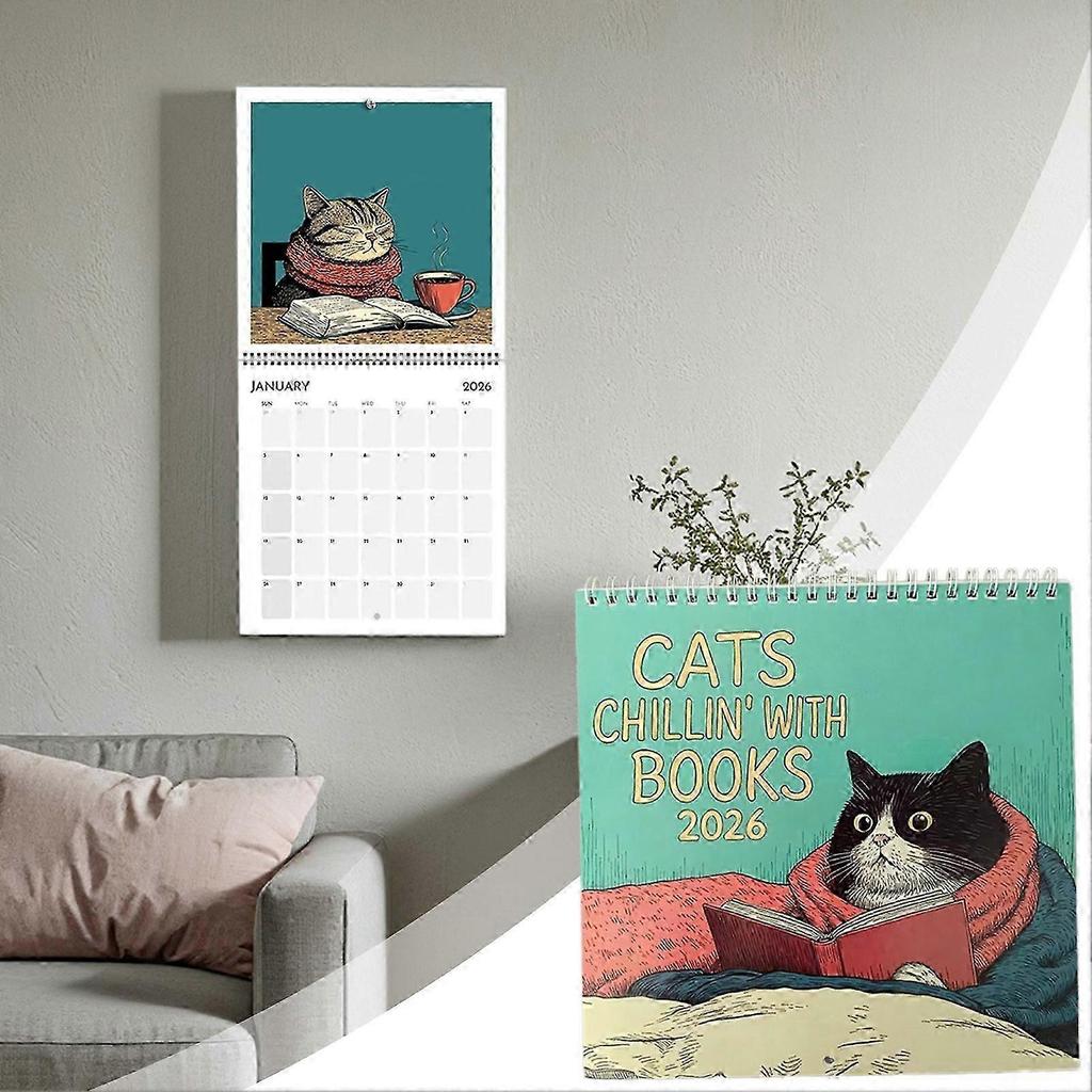 Cats Chillin' with Books 2026 Wall Calendar - Funny Cute Cat Wall Calendar Home Decor, Bookish Gift for Book Lovers