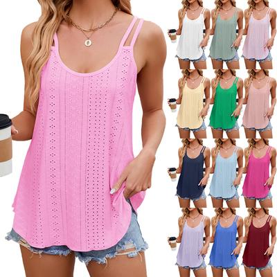 Women's Sleeveless Shirts Eyelet Loose Fit Tank Tops Casual T Shirts Summer Ladies Crew Neck Tunic T Tops