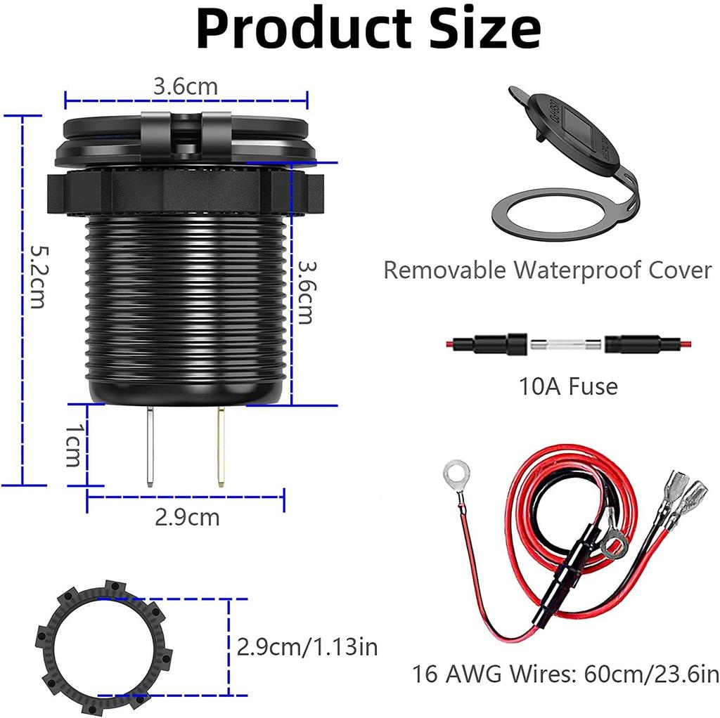 Aluminum Quick Charge Dual QC3.0 USB Car Charger Socket with Digital Voltmeter With Switch Button for Marine Motorcycle Truck