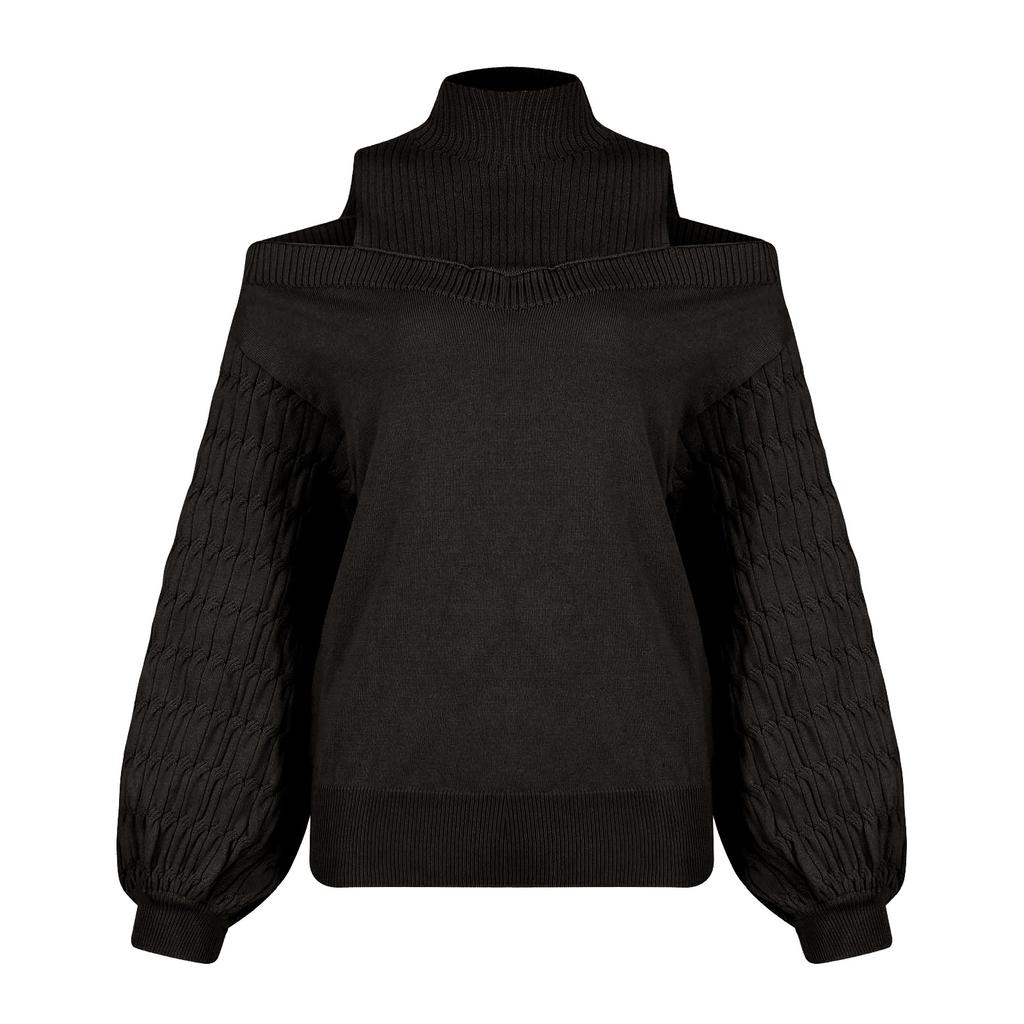 Ladies  And Winter Fashion Off Shoulder Turtleneck Warm Solid Color Long Sleeve Sweater