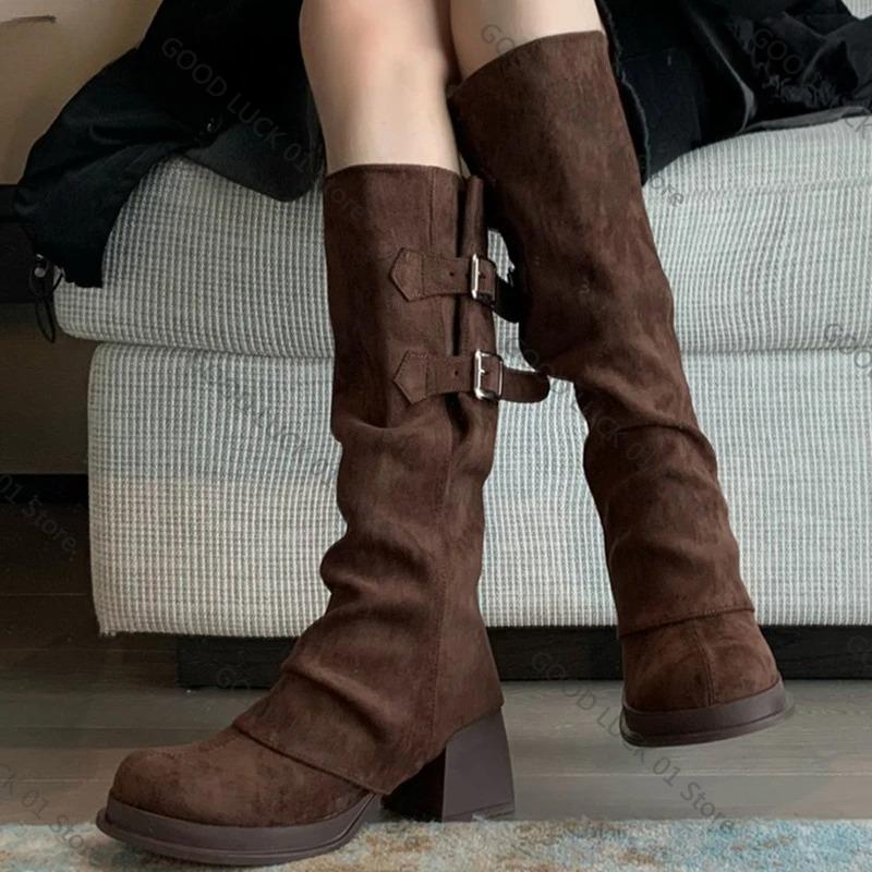 Fashion 2025 Vintage Women Trouser Legs Boots Removable Belt Buckle Autumn Winter Shoes Thick Heel Ladies Elegant Long Booties