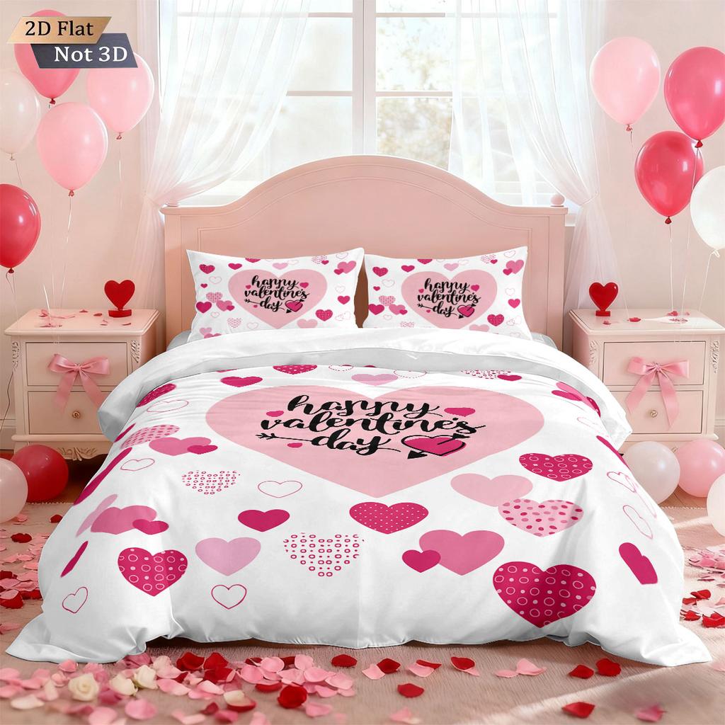 3pcs Valentine's Day Pink Romantic Love Printed Coreless Down Duvet Cover Set Multi Size Bedding Holiday Decoration