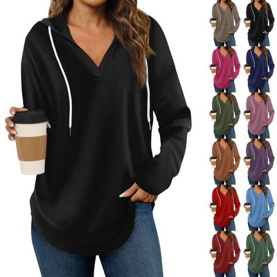 Moda feminina com capuz, decote em V, manga comprida, cor sólida, cordão, casual, solto, pulôver, tops