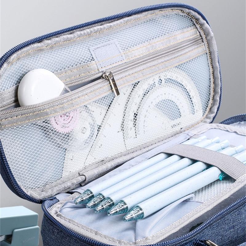 High Capacity Pen Case with Handle 5 Section Canvas Pencil Case Large Pencil Pouches Travel Cosmetic Bag 24x8.5x11cm
