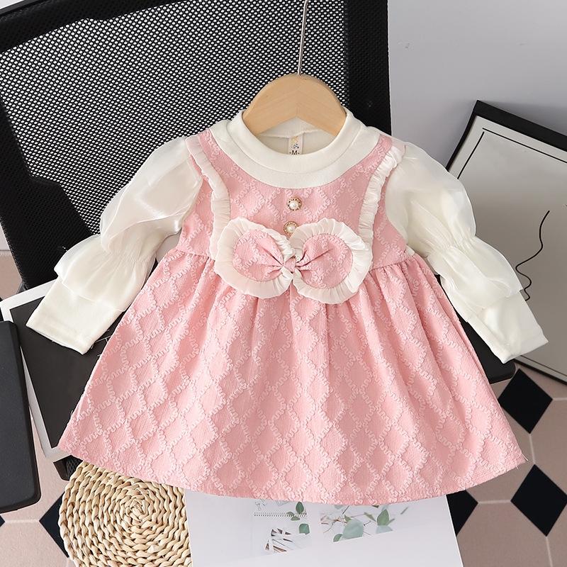 

Платье для девочек с круглым вырезом, длинным рукавом, фонариком, бантом, кружевом, плиссировкой, нежными пуговицами, поддельные два платья, осень 80 розовый