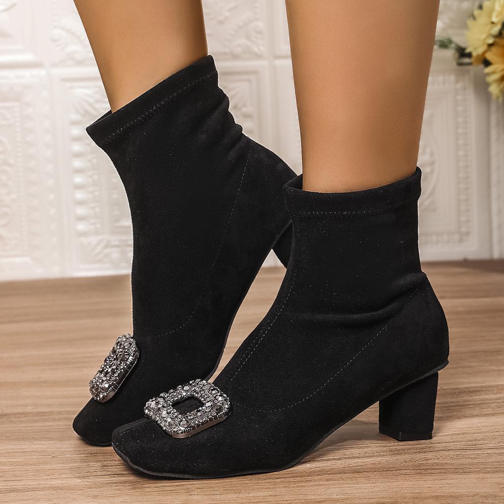 French Thick Heel High Heel Short Boots Women's Autumn and Winter Rhinestone Square Buckle Elastic Thin Boots Light Luxury Temperament Pointed and