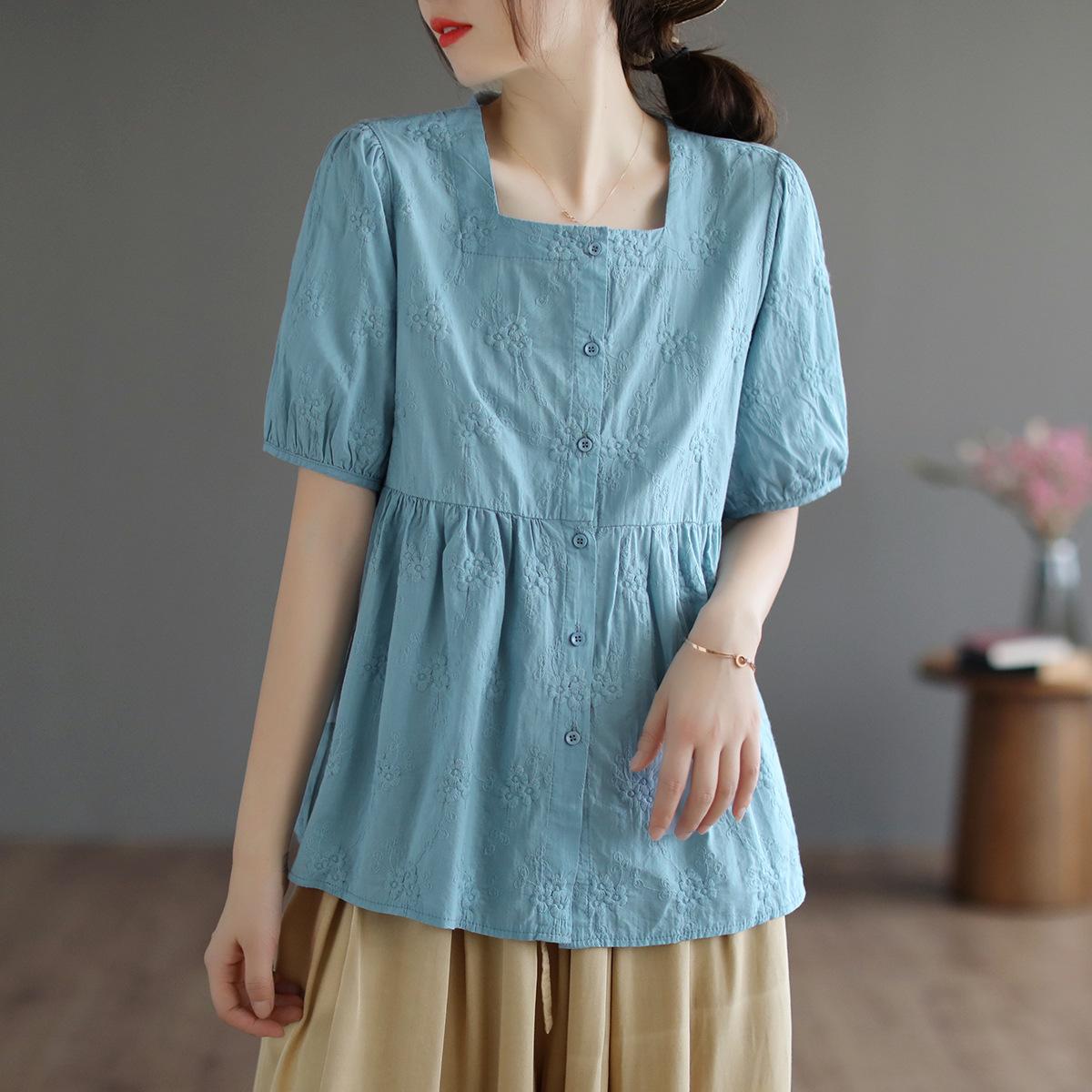 

Johnature Женские вышитые цветочные рубашки, топы, однотонные, с коротким рукавом, летние, на пуговицах, винтажные женские блузки One Size синий