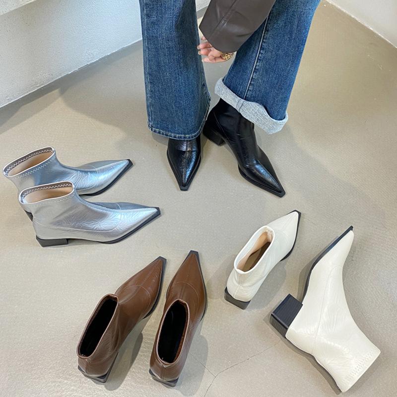 French Pointed Short Boots Women's Boots 2025 Autumn and Winter New Thick Heel Elastic Thin Boots Silver Thin Fashion Boots