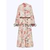 Spring New Women's Clothing Fashion Wind V Neck Long Sleeves with Belt Flowers Print Midi Skirt Dress 2507147