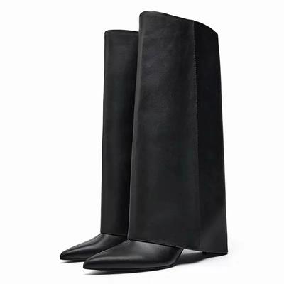 Fashion Womens Boots Fashion Leather Punk Chelsea Boots Chunky High Boots for Women Pointed Toe Boot New Designer Pumps Knee High Botas