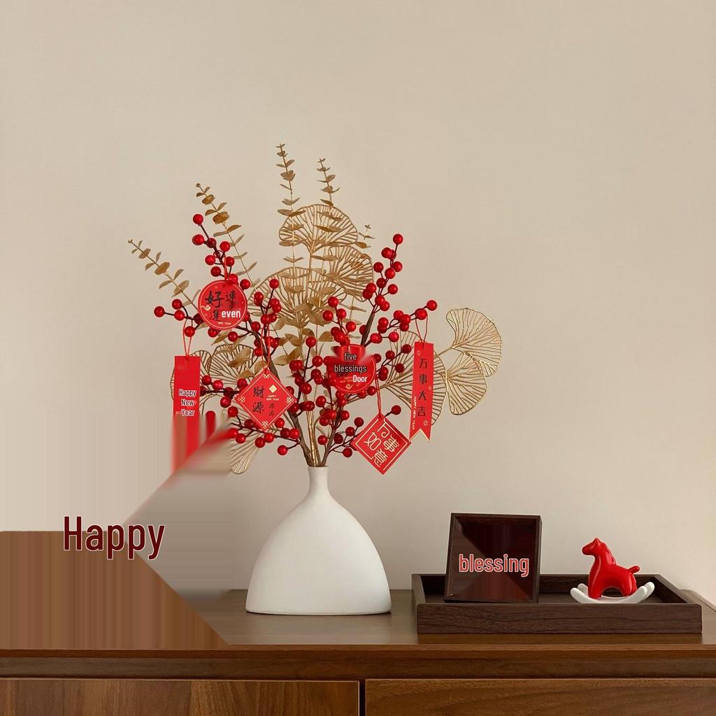 Chinese 'Fu' Character Ornament with Red Simulated Flowers – New Year Home Decoration for Living Room and Entrance Hall, Elegant Atmosphere Enhancer.