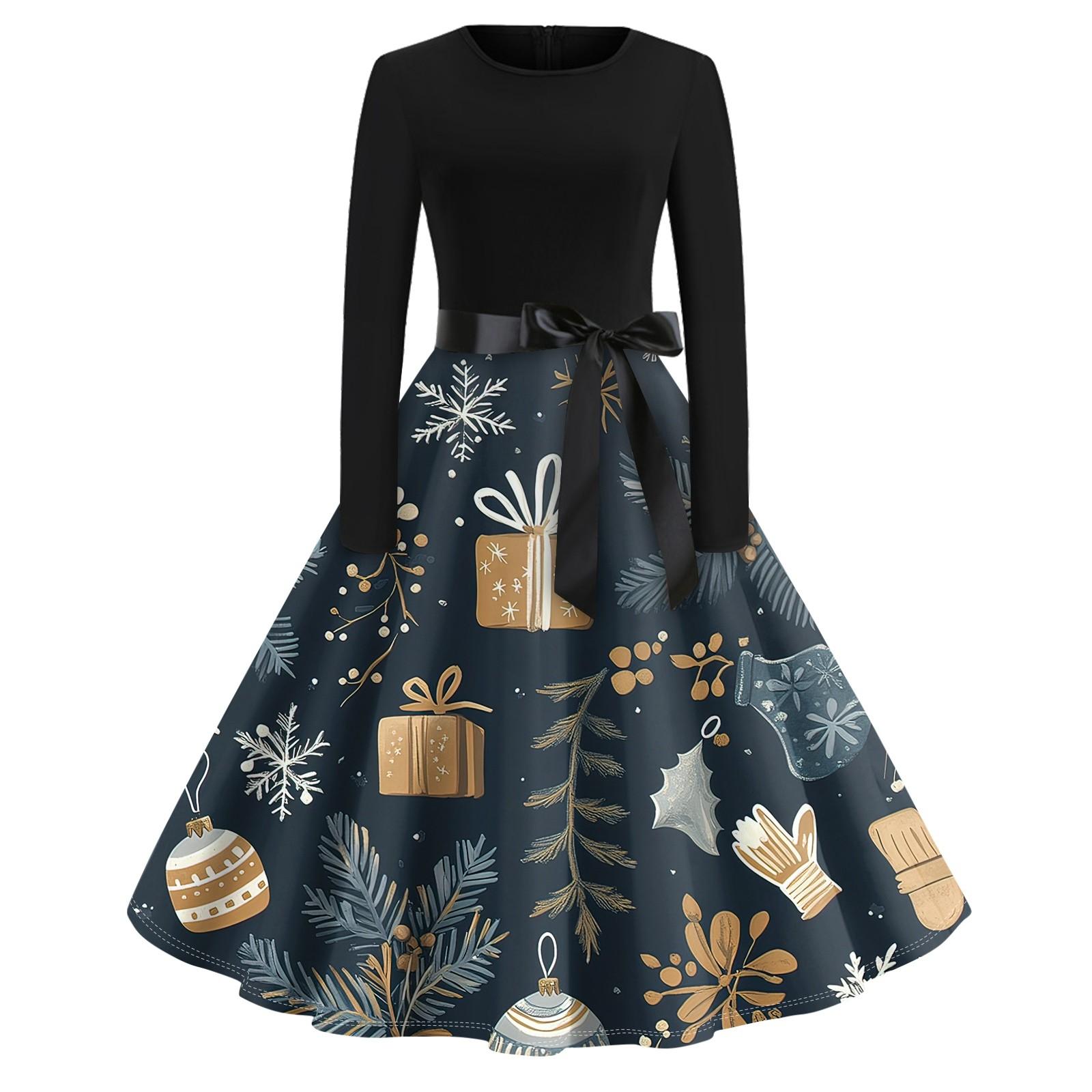 

Платье-клеш с принтом на Хэллоуин для женщин с длинным рукавом, повседневные платья с круглым вырезом и ажурной отделкой S тёмно-синий