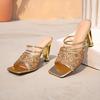 Women's shoes, high-heeled sandals, gold special-shaped heel, one-pedal square head with mesh style, fashionable and simple women's shoes