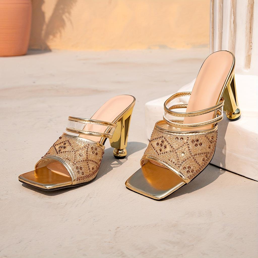 Women's shoes, high-heeled sandals, gold special-shaped heel, one-pedal square head with mesh style, fashionable and simple women's shoes
