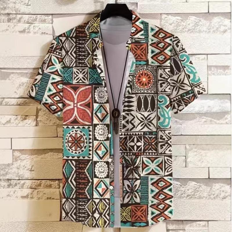 Men Short Sleeve Button Down Shirt Palm Leaf Print Casual Summer Beach Shirt