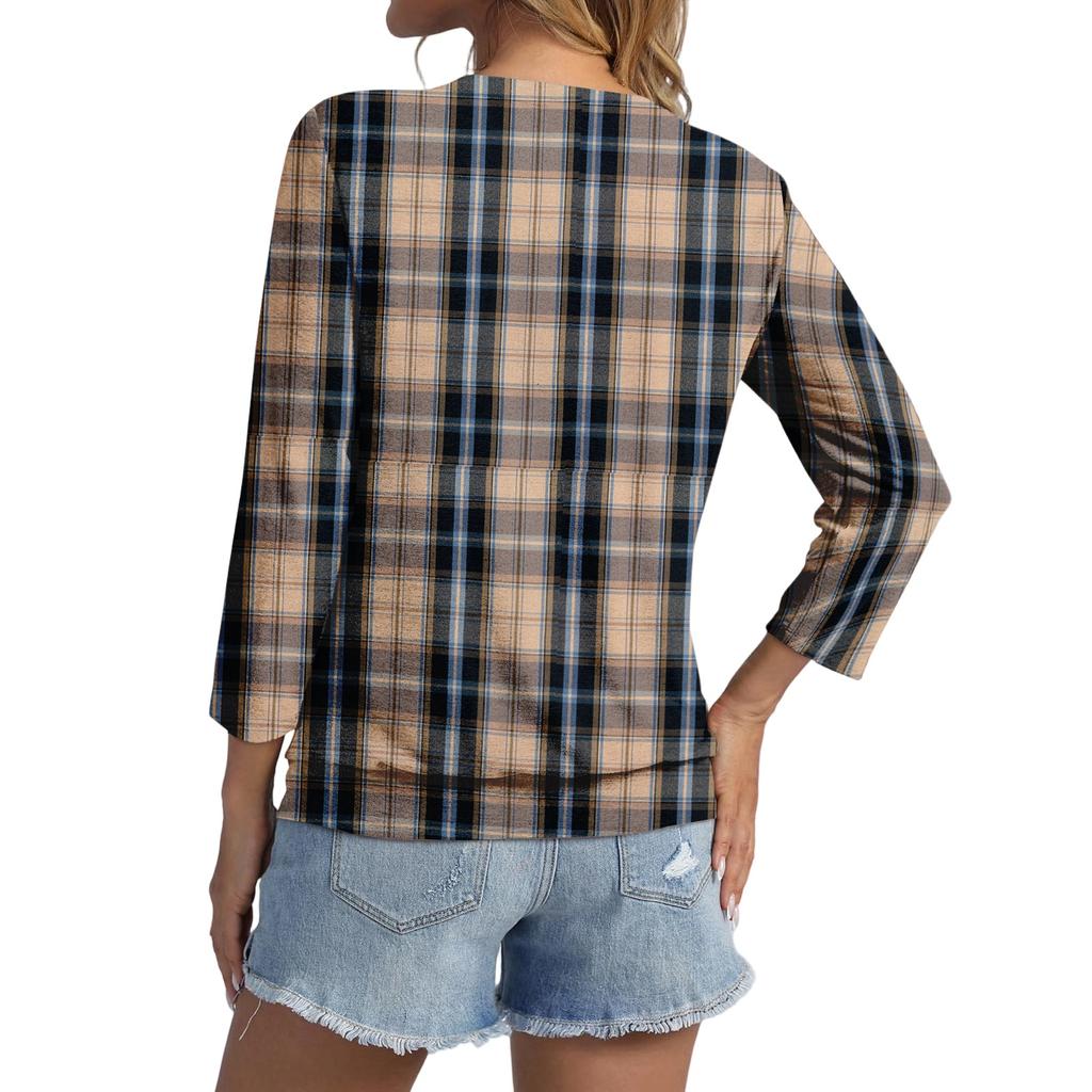 Damen 3/4 Ärmel Oberteil Saum V-Ausschnitt Sommer Lässig Hemd Kariert Bedrucktes Oberteil