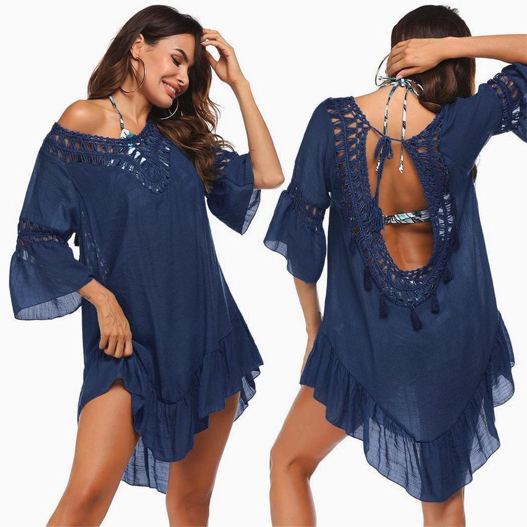 Hand-Knitted Bamboo Cotton Patchwork Crochet Beach Dress with Large Open Back