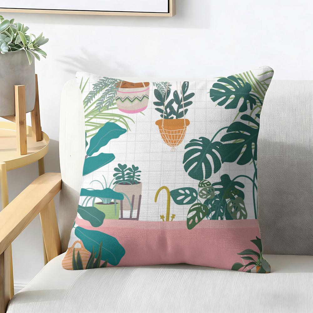 Botanical House Plants Boho Retro Vase Cushion Cover Natural Linen Organic Fabric Double-Sided Printing Breathable Home Decor