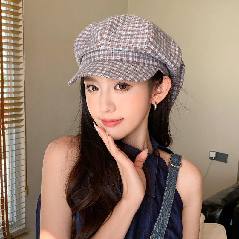 Sweet and cute long-eared rabbit beret children's retro plaid octagonal hat spring and summer versatile painter newsboy hat