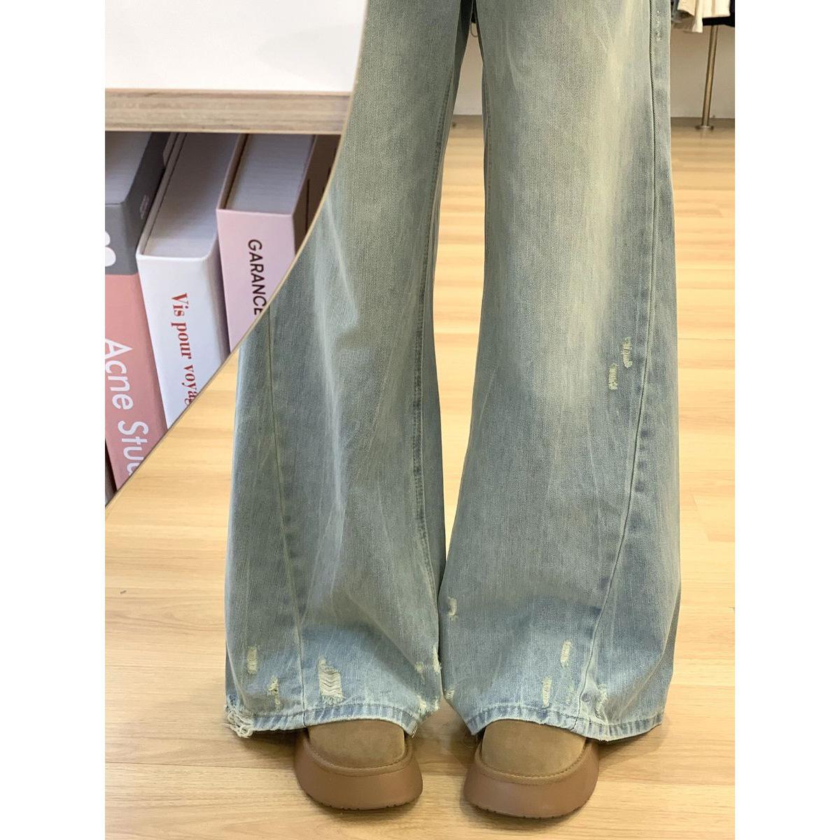 Tall Women s Retro Light Wash Wide-Leg Ripped Floor-Length Pants M